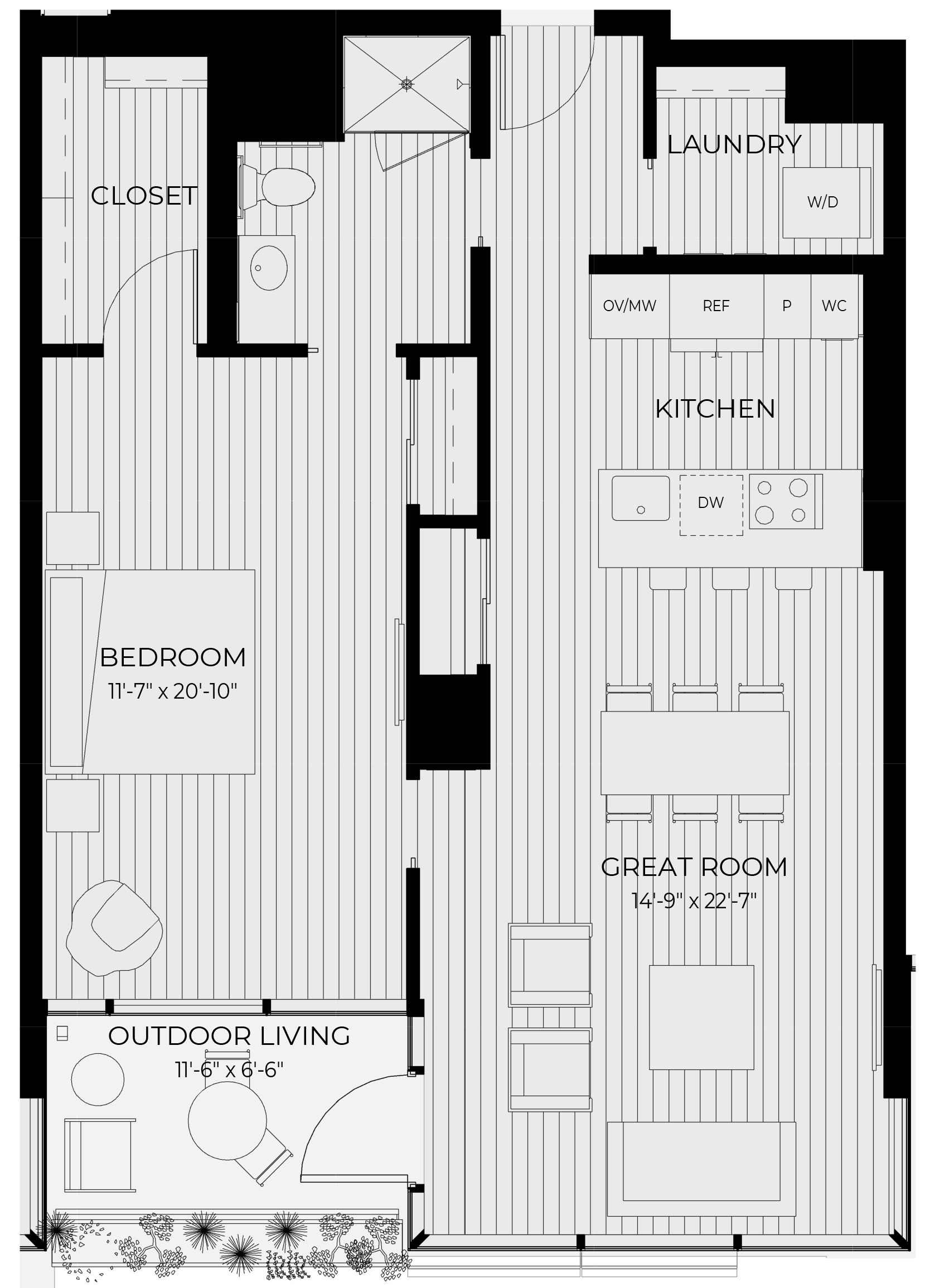Floor plan for 1 bed, 1 bath, 985 sqft